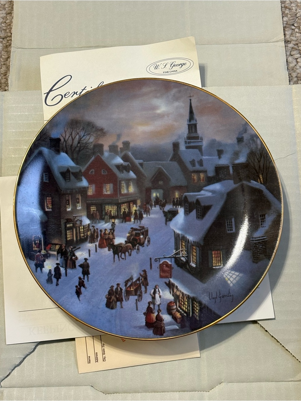 George Blue, Gold and Red Winter Village Decorative Plate